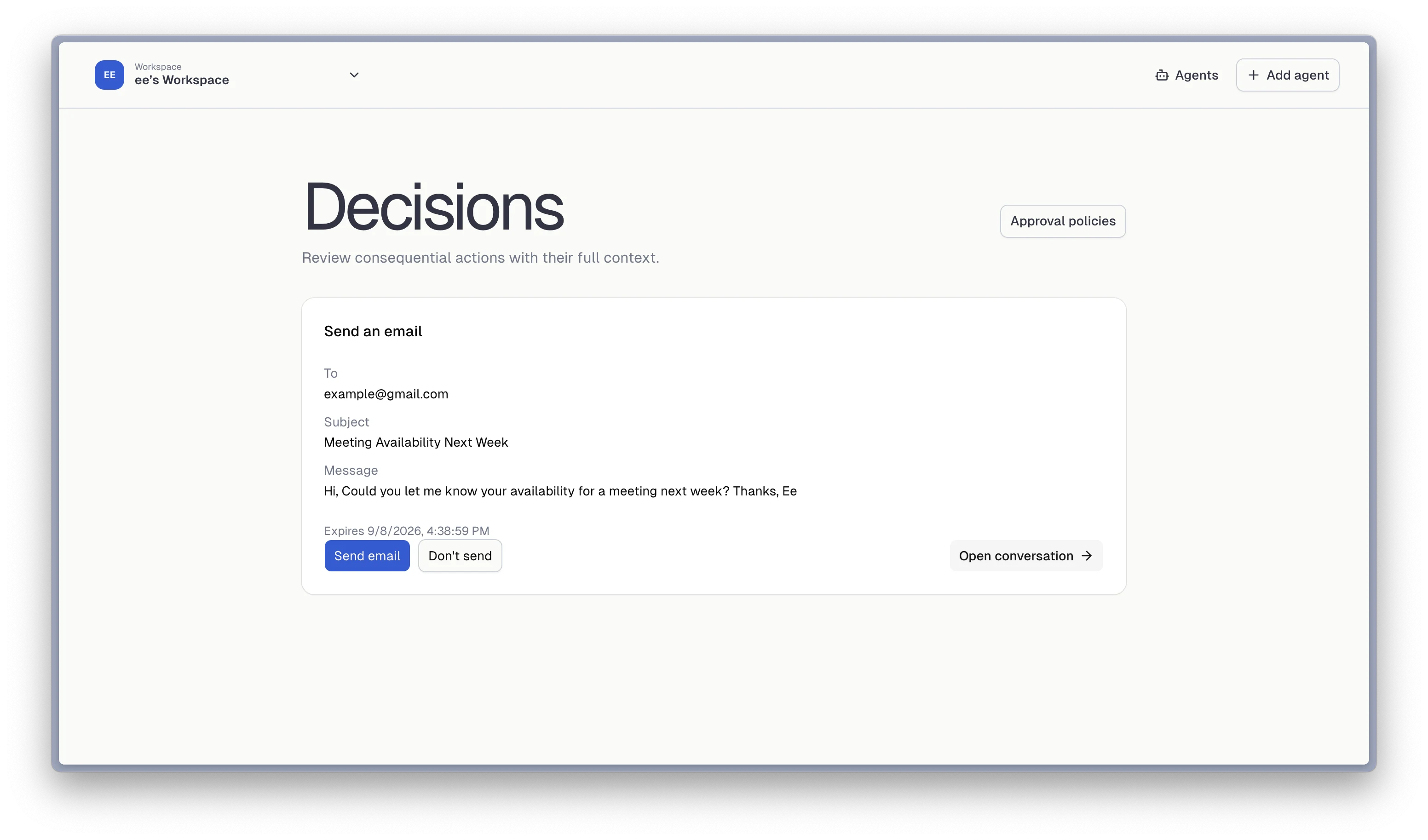 Relay decision screen asking the workspace owner to approve or reject a prepared email before it is sent.